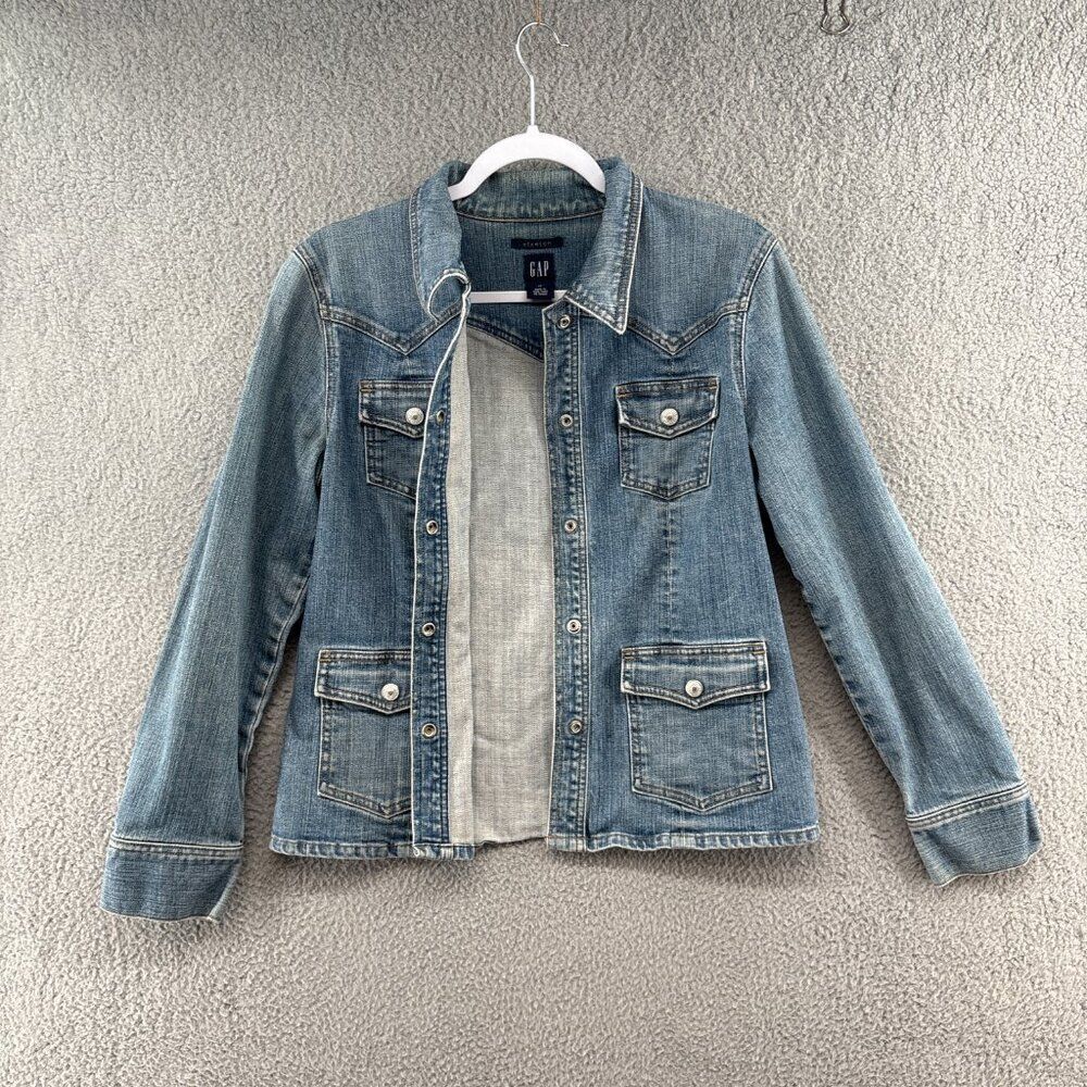 GAP 2003 Stretch Denim Snap Jacket Medium Light Wash Western Utility Y2K - Picture 12 of 14